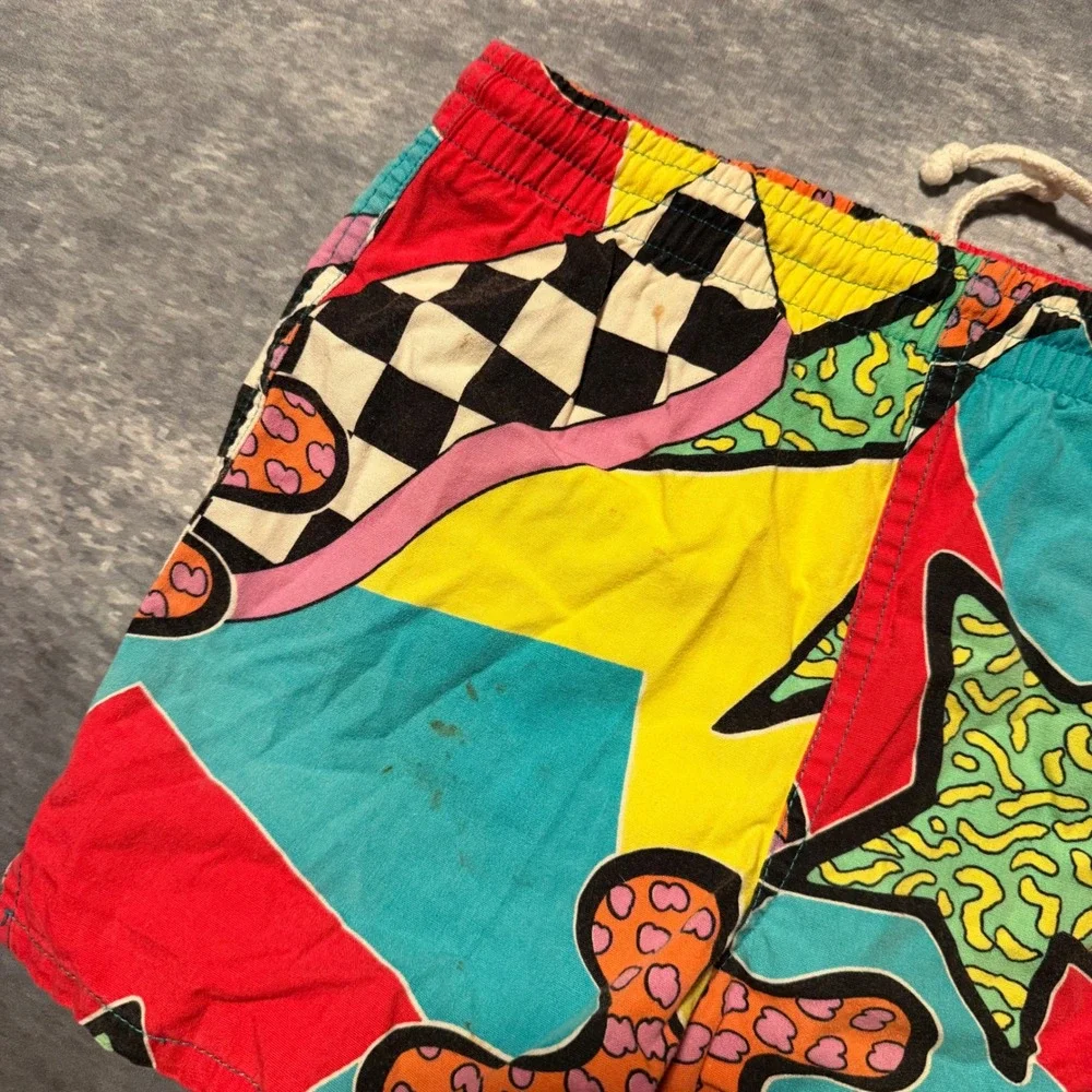 VTG Morey Boogie Kids S Swim Shorts 90s Abstract Neon Geometric Surf Trunks AOP